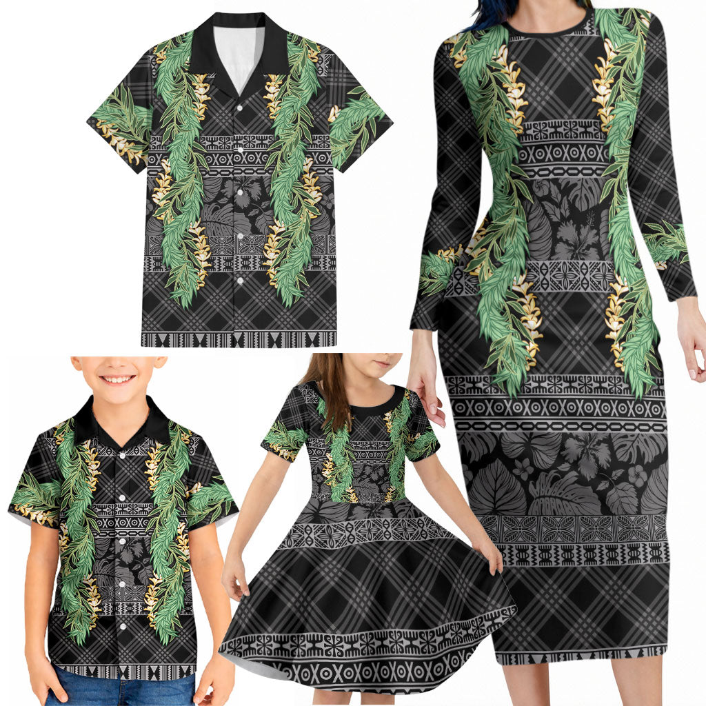 Hawai'i Paniolo Maile Twisted Lei Family Matching Long Sleeve Bodycon Dress and Hawaiian Shirt Obsidian Black