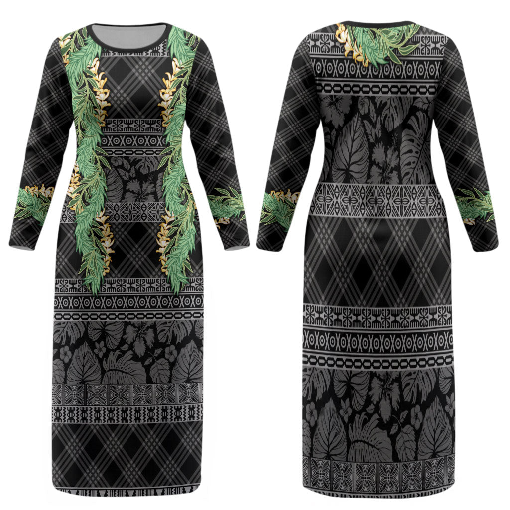 Hawai'i Paniolo Maile Twisted Lei Family Matching Long Sleeve Bodycon Dress and Hawaiian Shirt Obsidian Black LT7 Mom's Dress Black - Polynesian Pride
