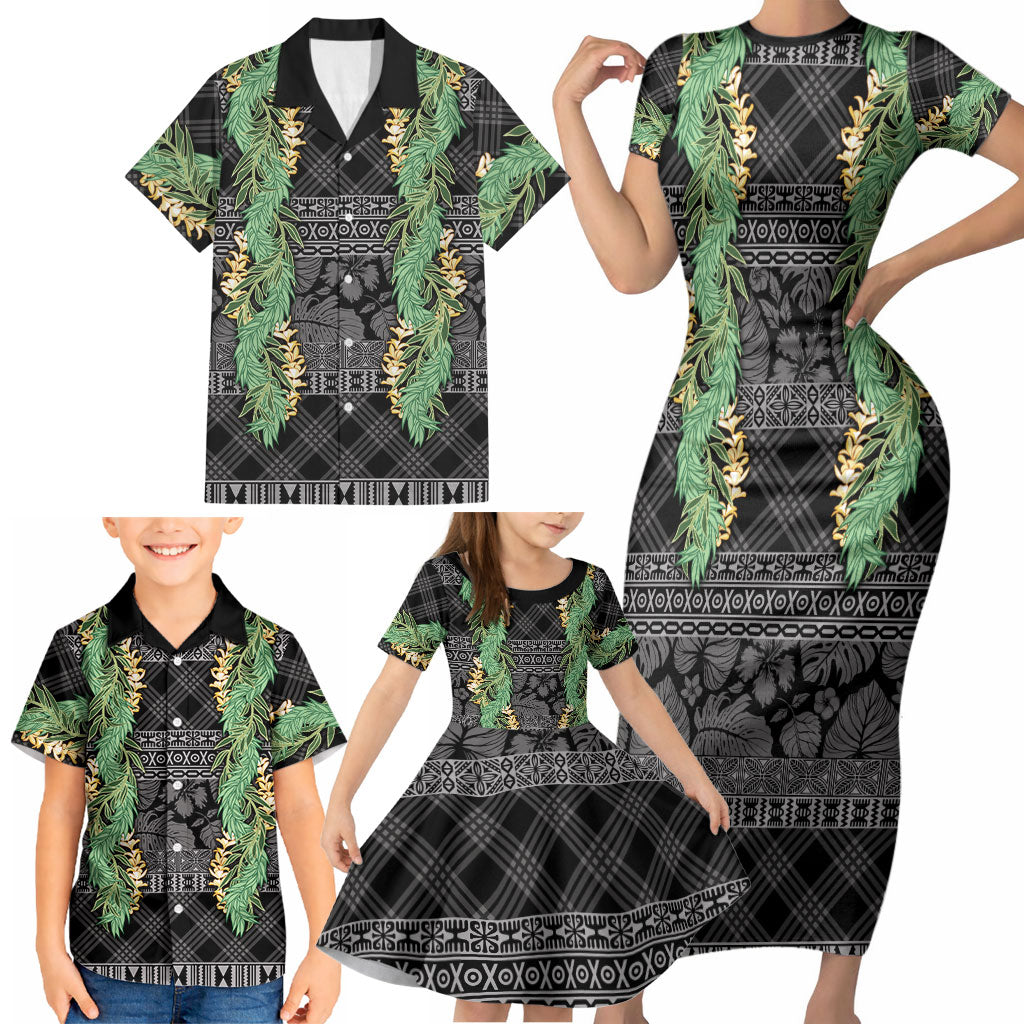 Hawai'i Paniolo Maile Twisted Lei Family Matching Short Sleeve Bodycon Dress and Hawaiian Shirt Obsidian Black