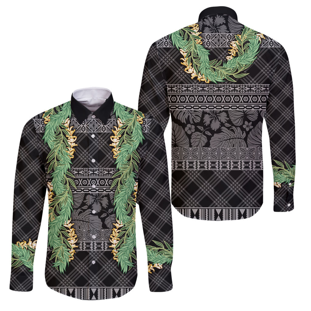 Hawai'i Paniolo Maile Twisted Lei Family Matching Short Sleeve Bodycon Dress and Hawaiian Shirt Obsidian Black LT7 Dad's Shirt - Long Sleeve Black - Polynesian Pride