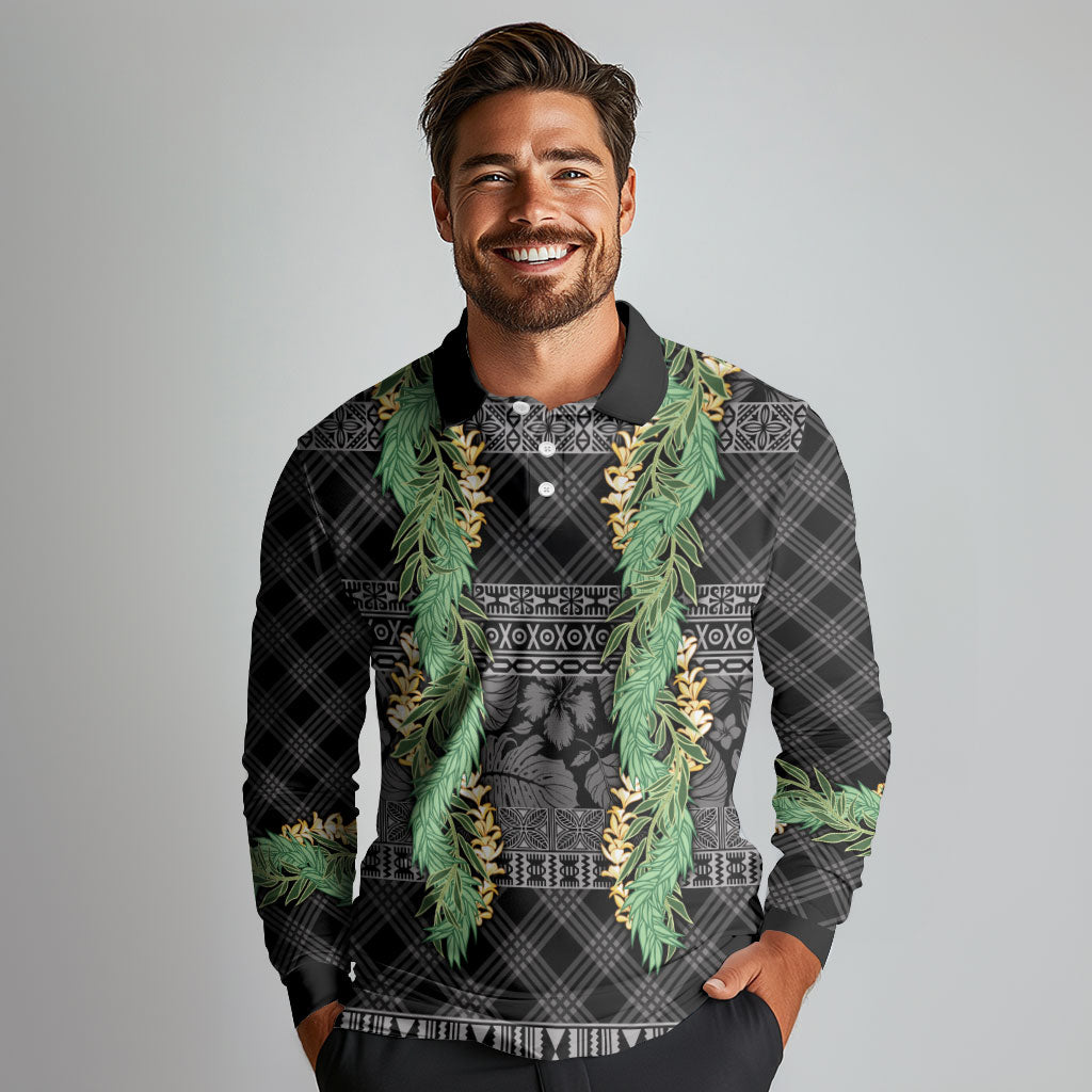 Hawai'i Paniolo Maile Twisted Lei Long Sleeve Polo Shirt Obsidian Black LT7 - Polynesian Pride