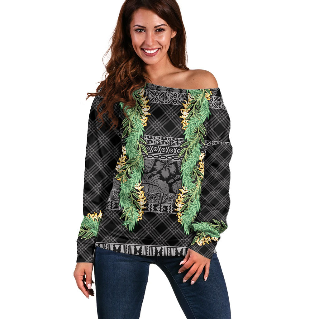 Hawai'i Paniolo Maile Twisted Lei Off Shoulder Sweater Obsidian Black LT7 Women Black - Polynesian Pride
