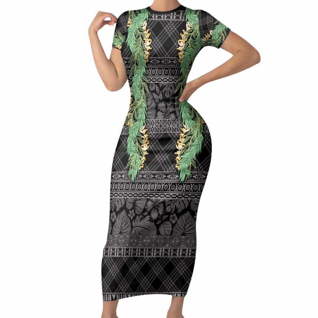 Hawai'i Paniolo Maile Twisted Lei Short Sleeve Bodycon Dress Obsidian Black LT7 Long Dress Black - Polynesian Pride
