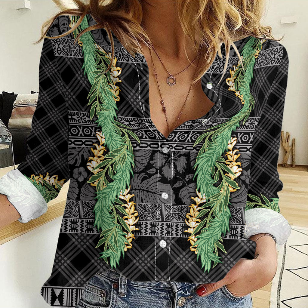 Hawai'i Paniolo Maile Twisted Lei Women Casual Shirt Obsidian Black LT7 Female Black - Polynesian Pride