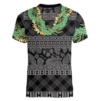 Hawai'i Paniolo Maile Twisted Lei Women V-Neck T-Shirt Obsidian Black LT7 - Polynesian Pride