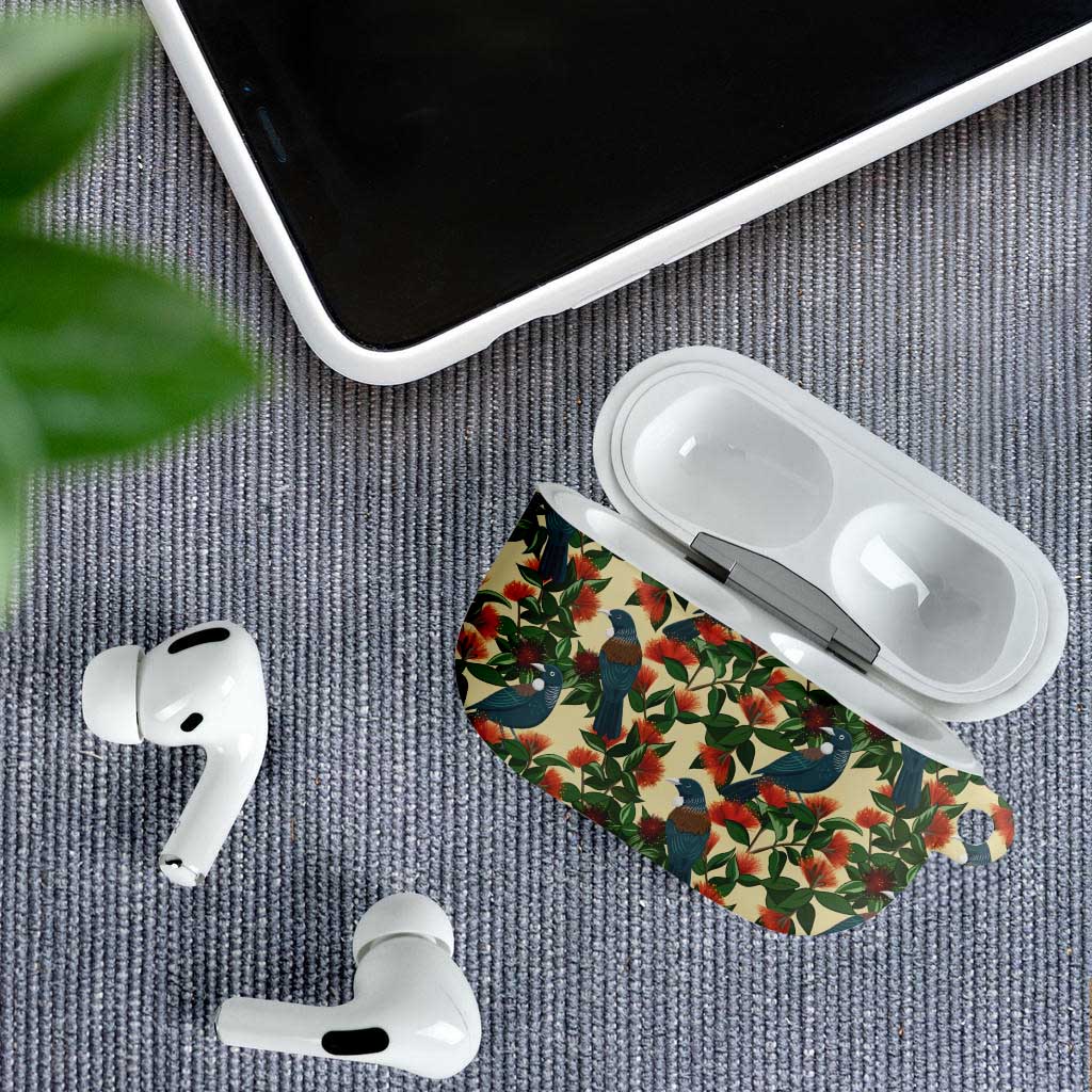 New Zealand Christmas AirPods Case Romantic Tui Birds on Pohutukawa - Ivory - Polynesian Pride