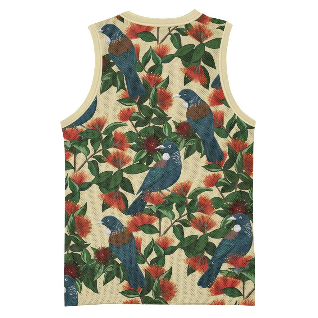 New Zealand Christmas Basketball Jersey Romantic Tui Birds on Pohutukawa - Ivory - Polynesian Pride
