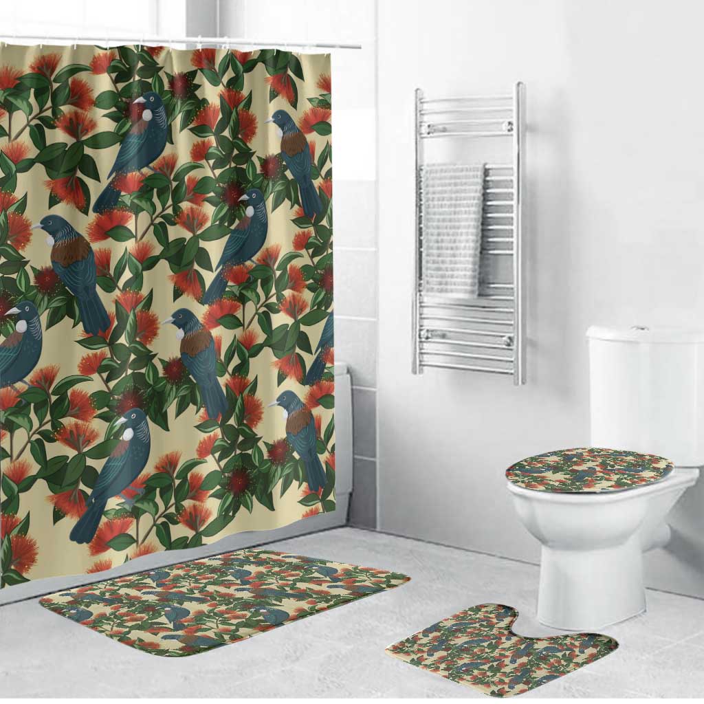 New Zealand Christmas Bathroom Set Romantic Tui Birds on Pohutukawa - Ivory - Polynesian Pride