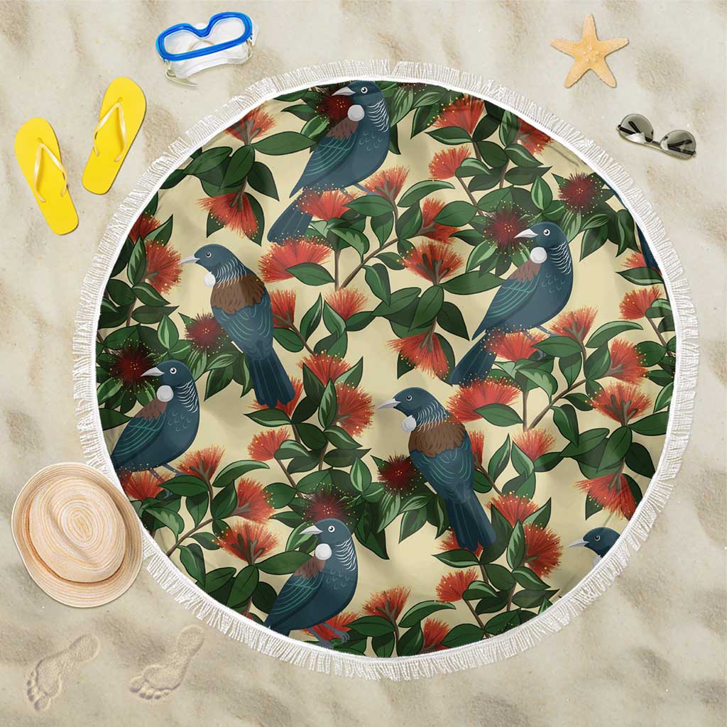 New Zealand Christmas Beach Blanket Romantic Tui Birds on Pohutukawa - Ivory - Polynesian Pride