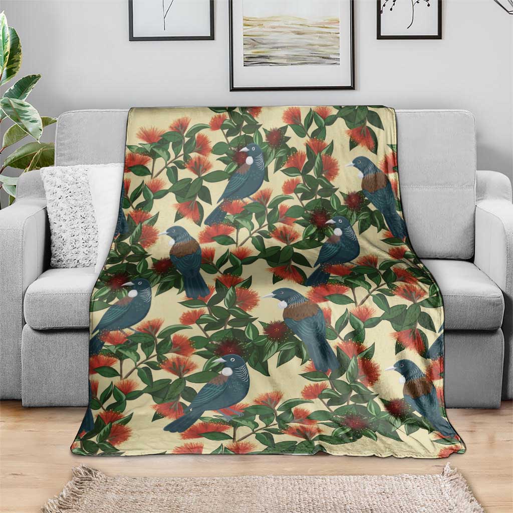 New Zealand Christmas Blanket Romantic Tui Birds on Pohutukawa - Ivory - Polynesian Pride