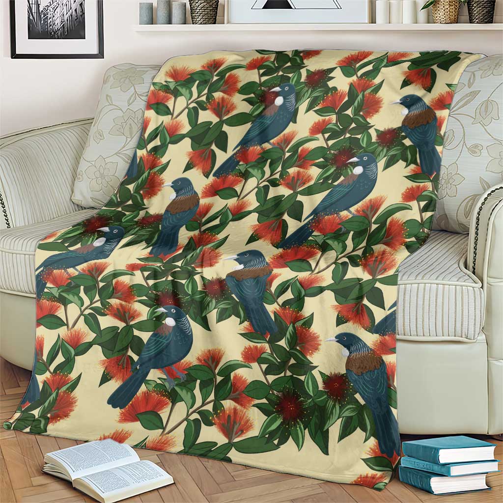 New Zealand Christmas Blanket Romantic Tui Birds on Pohutukawa - Ivory - Polynesian Pride
