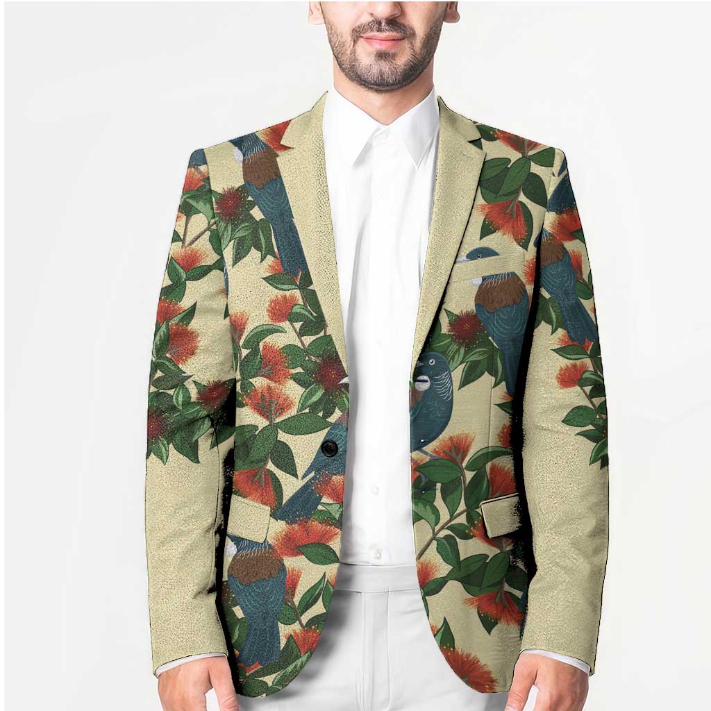 New Zealand Christmas Blazer Romantic Tui Birds on Pohutukawa - Ivory - Polynesian Pride