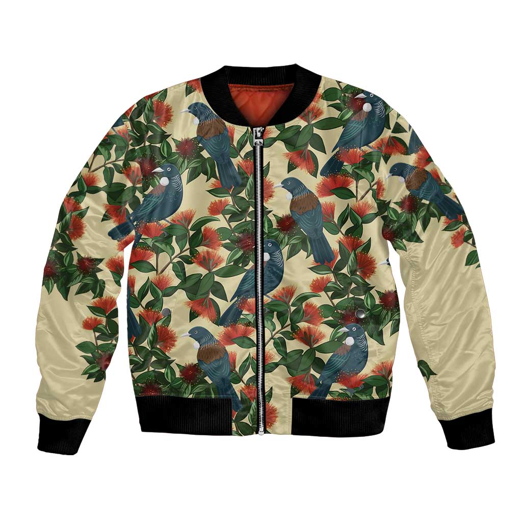 New Zealand Christmas Bomber Jacket Romantic Tui Birds on Pohutukawa - Ivory - Polynesian Pride