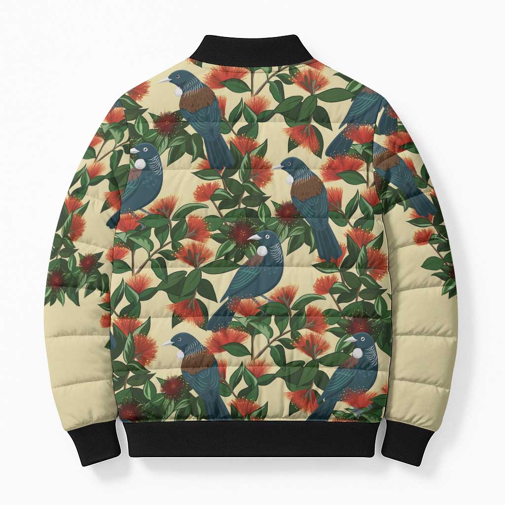 New Zealand Christmas Bomber Puffer Jacket Romantic Tui Birds on Pohutukawa - Ivory - Polynesian Pride