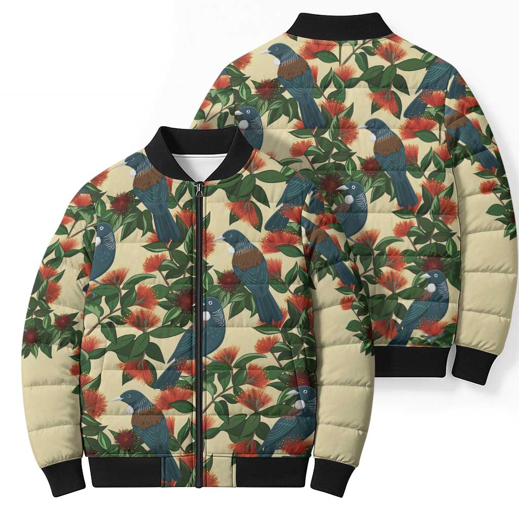New Zealand Christmas Bomber Puffer Jacket Romantic Tui Birds on Pohutukawa - Ivory - Polynesian Pride