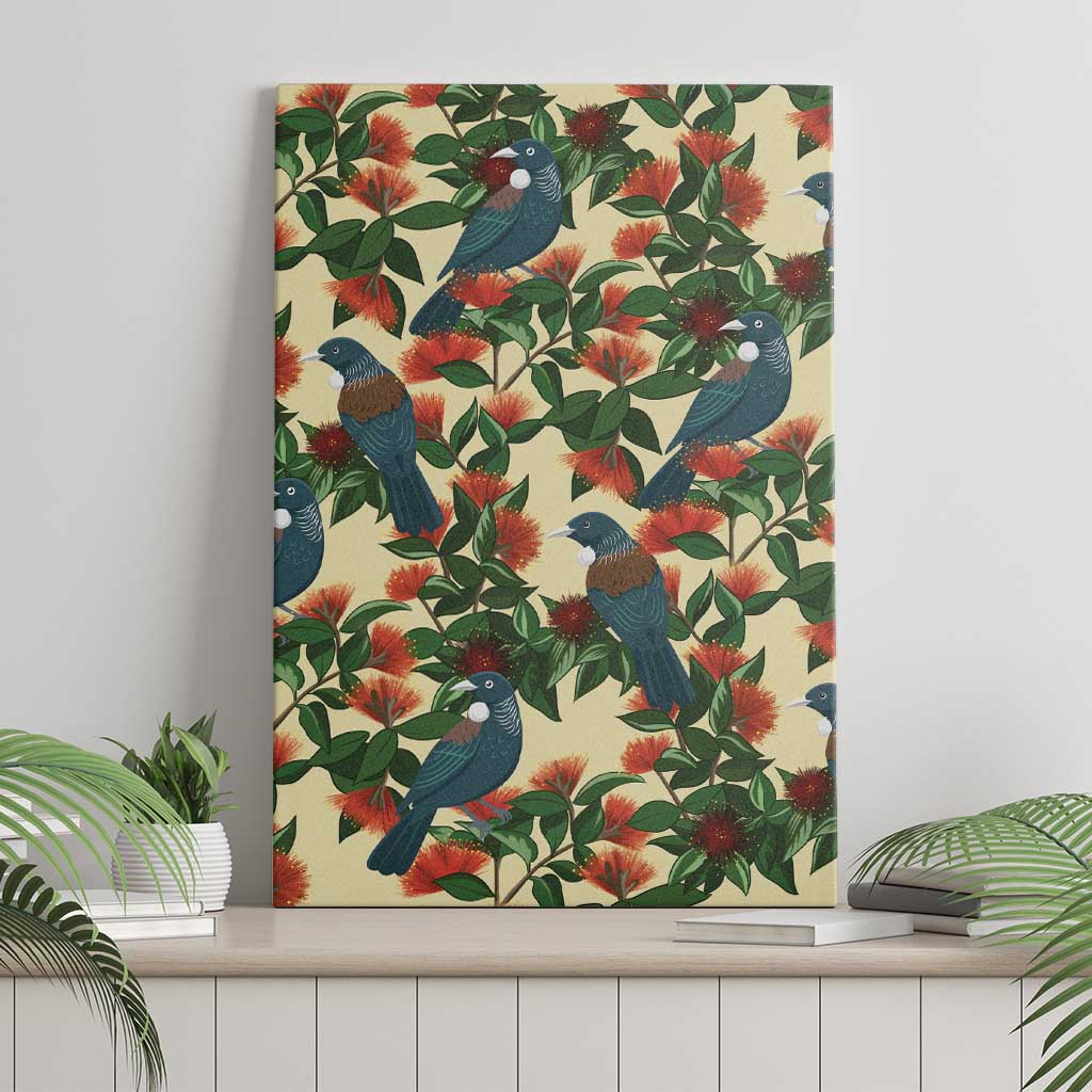 New Zealand Christmas Canvas Wall Art Romantic Tui Birds on Pohutukawa - Ivory - Polynesian Pride