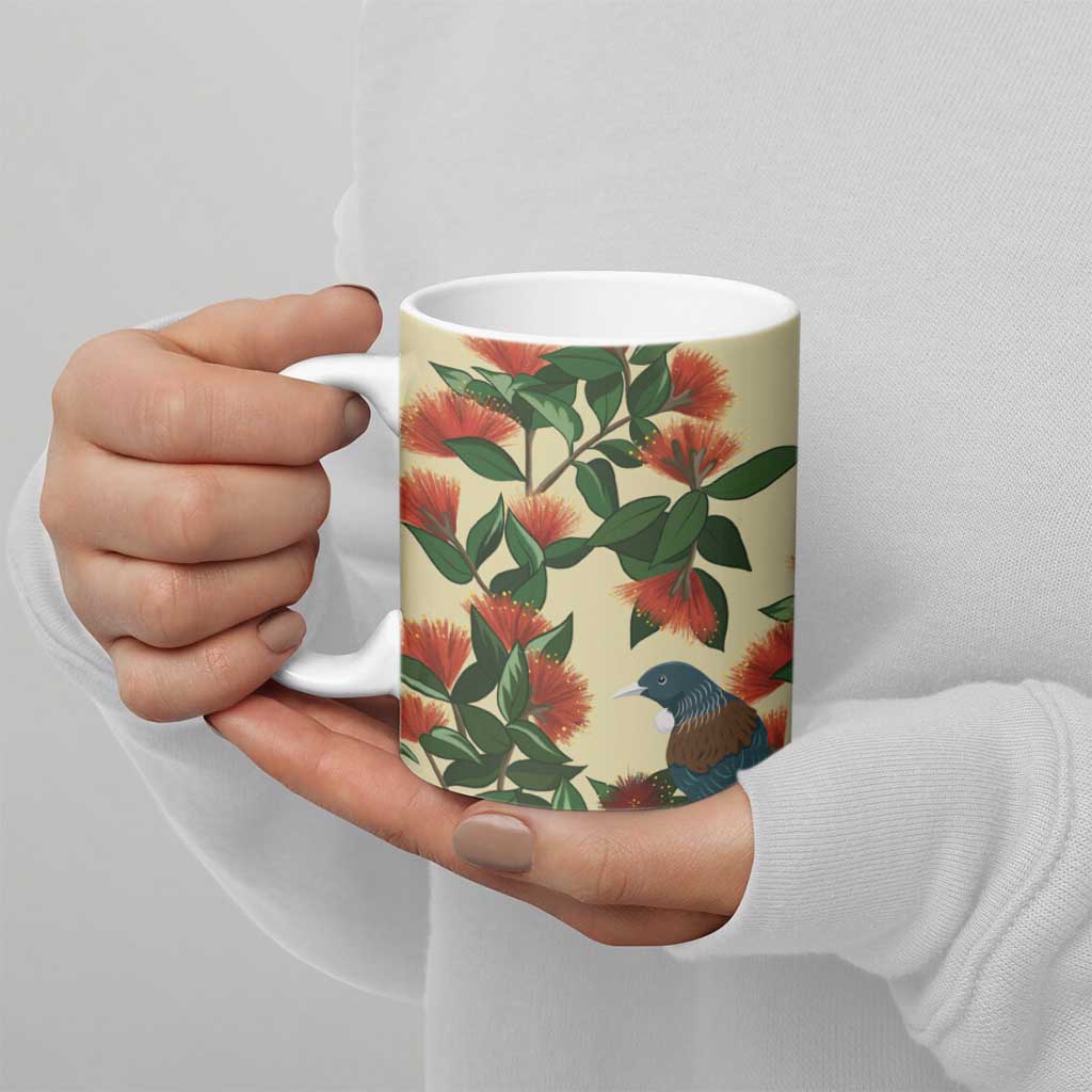 New Zealand Christmas Ceramic Mug Romantic Tui Birds on Pohutukawa - Ivory - Polynesian Pride