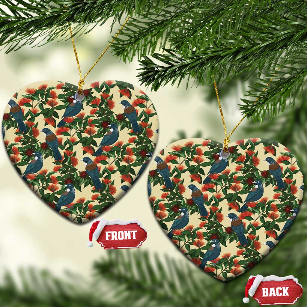 New Zealand Christmas Ceramic Ornament Romantic Tui Birds on Pohutukawa - Ivory - Polynesian Pride