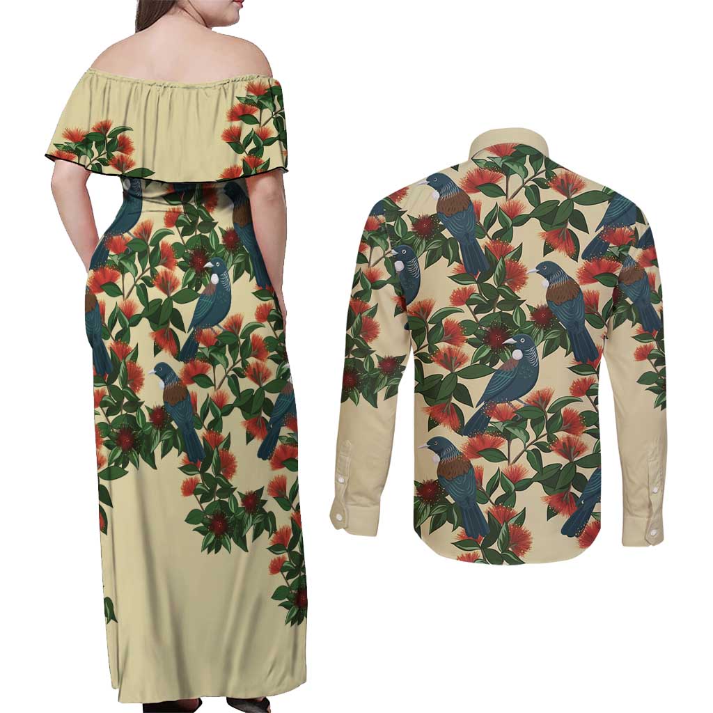 New Zealand Christmas Couples Matching Off Shoulder Maxi Dress and Long Sleeve Button Shirt Romantic Tui Birds on Pohutukawa - Ivory - Polynesian Pride