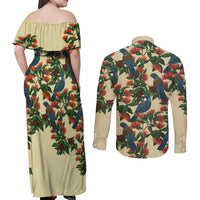 New Zealand Christmas Couples Matching Off Shoulder Maxi Dress and Long Sleeve Button Shirt Romantic Tui Birds on Pohutukawa - Ivory - Polynesian Pride