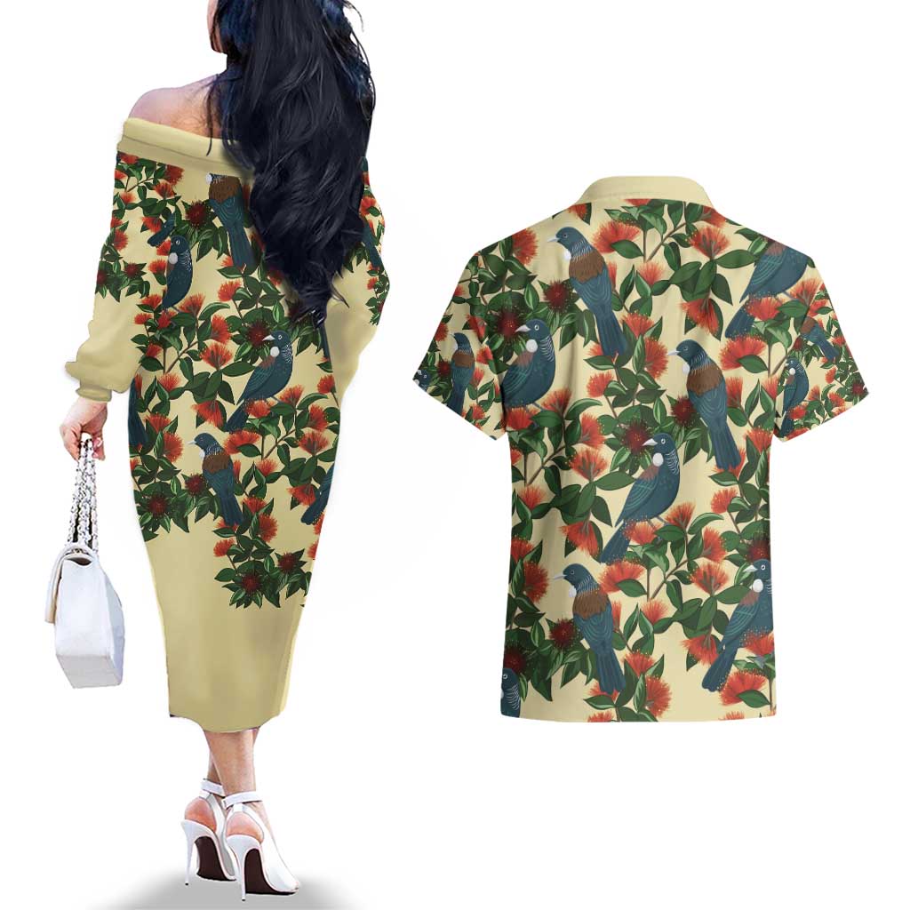 New Zealand Christmas Couples Matching Off The Shoulder Long Sleeve Dress and Hawaiian Shirt Romantic Tui Birds on Pohutukawa - Ivory - Polynesian Pride