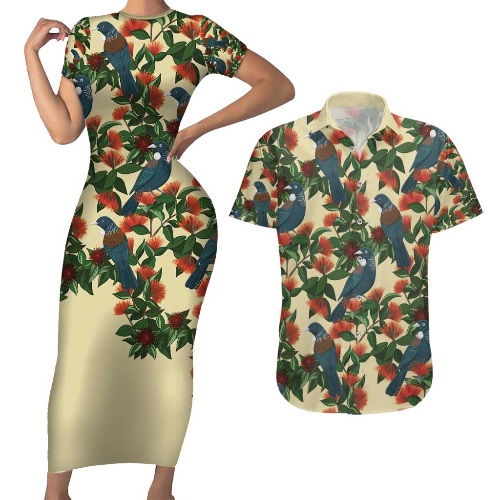 New Zealand Christmas Couples Matching Short Sleeve Bodycon Dress and Hawaiian Shirt Romantic Tui Birds on Pohutukawa - Ivory - Polynesian Pride