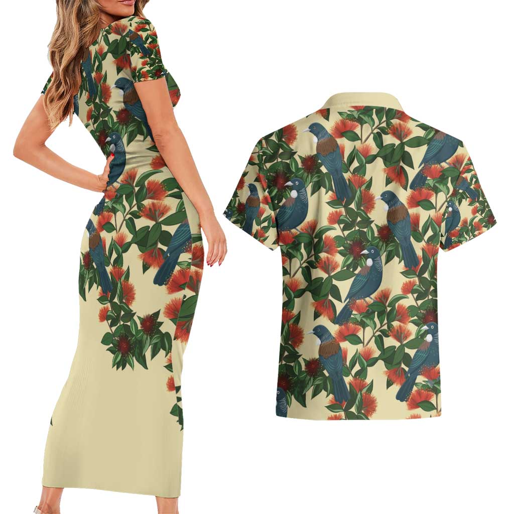 New Zealand Christmas Couples Matching Short Sleeve Bodycon Dress and Hawaiian Shirt Romantic Tui Birds on Pohutukawa - Ivory - Polynesian Pride