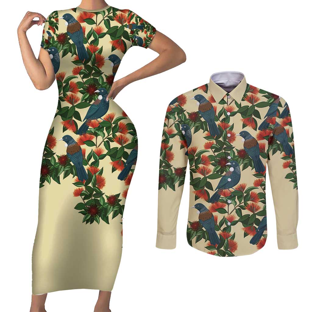 New Zealand Christmas Couples Matching Short Sleeve Bodycon Dress and Long Sleeve Button Shirt Romantic Tui Birds on Pohutukawa - Ivory - Polynesian Pride