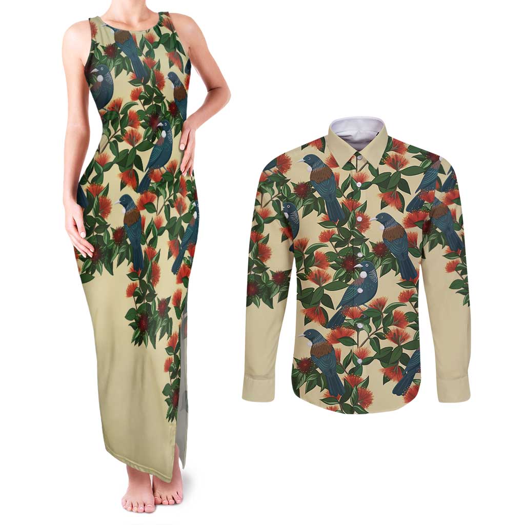 New Zealand Christmas Couples Matching Tank Maxi Dress and Long Sleeve Button Shirt Romantic Tui Birds on Pohutukawa - Ivory - Polynesian Pride