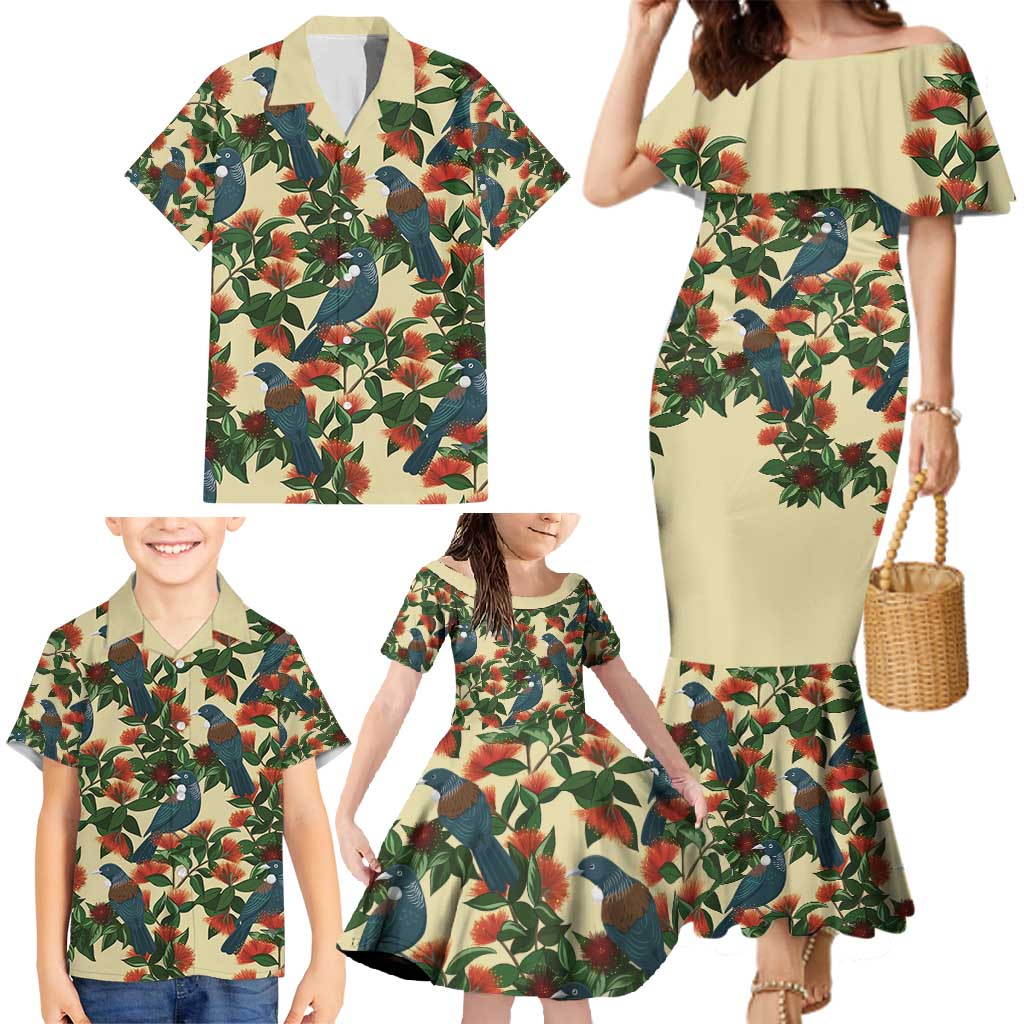 New Zealand Christmas Family Matching Mermaid Dress and Hawaiian Shirt Romantic Tui Birds on Pohutukawa - Ivory - Polynesian Pride