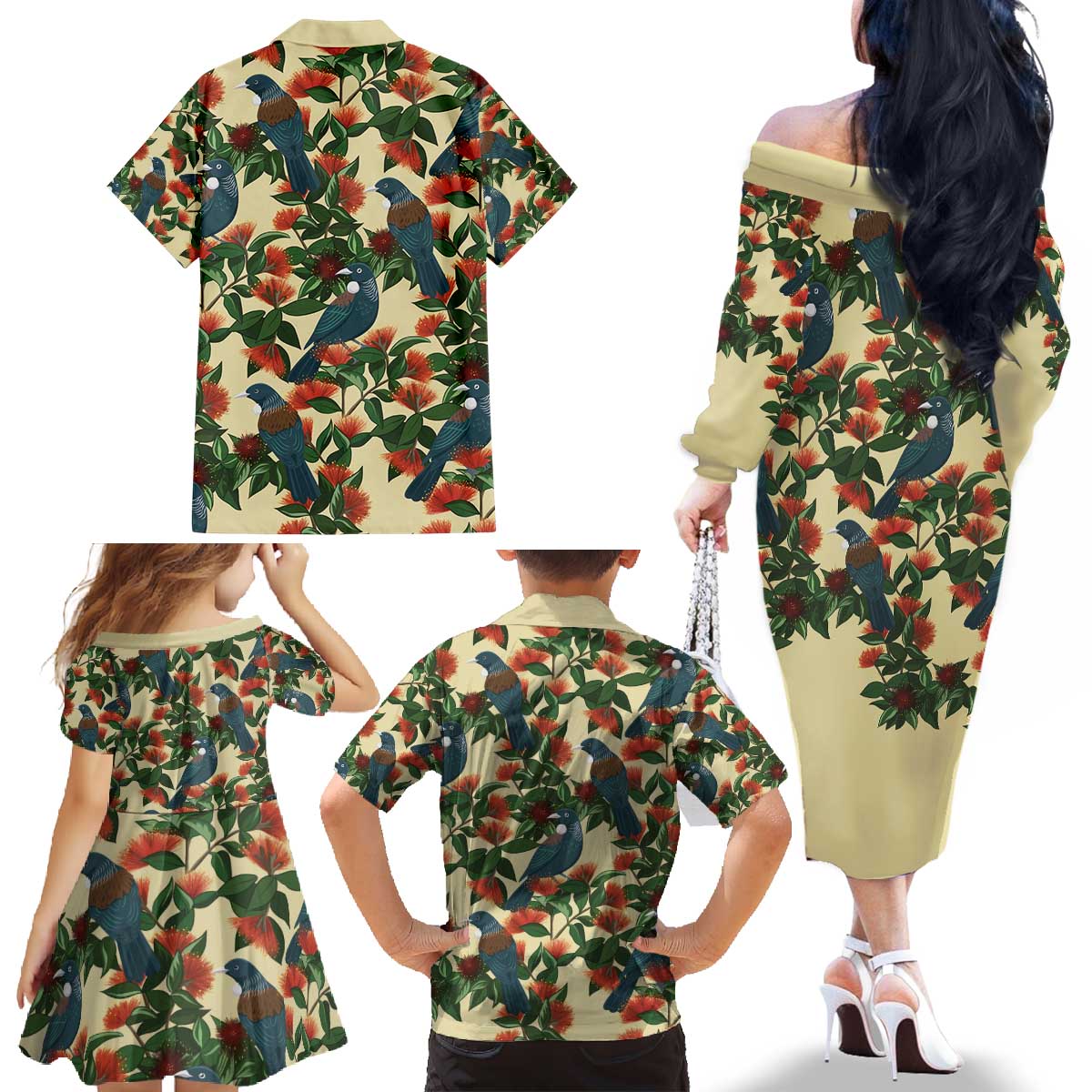 New Zealand Christmas Family Matching Off The Shoulder Long Sleeve Dress and Hawaiian Shirt Romantic Tui Birds on Pohutukawa - Ivory - Polynesian Pride
