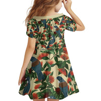 New Zealand Christmas Family Matching Off Shoulder Short Dress and Hawaiian Shirt Romantic Tui Birds on Pohutukawa - Ivory - Polynesian Pride