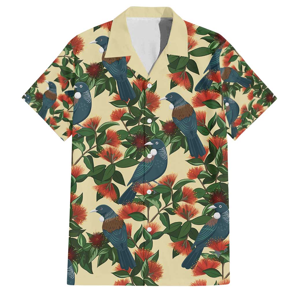 New Zealand Christmas Family Matching Off Shoulder Short Dress and Hawaiian Shirt Romantic Tui Birds on Pohutukawa - Ivory - Polynesian Pride
