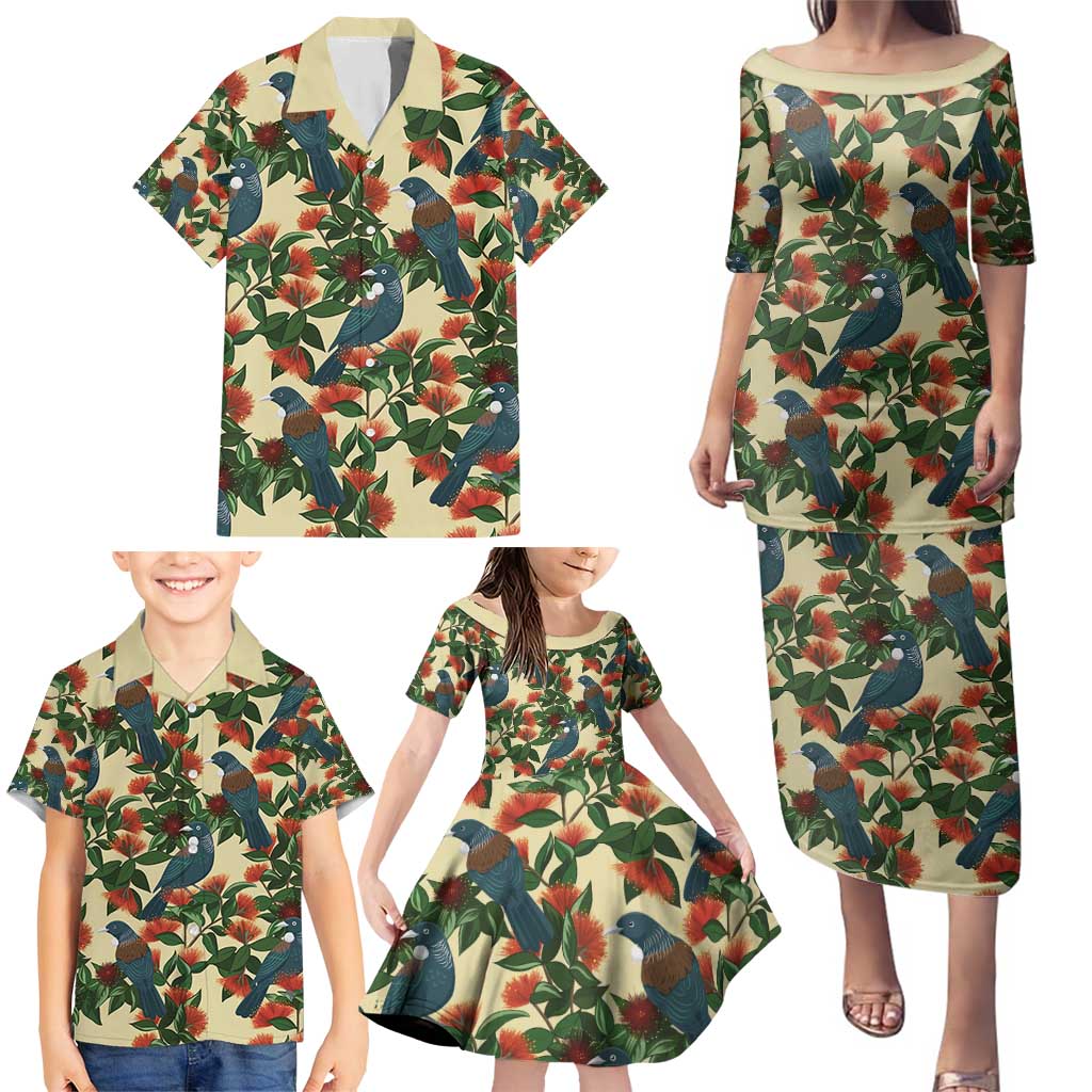 New Zealand Christmas Family Matching Puletasi and Hawaiian Shirt Romantic Tui Birds on Pohutukawa - Ivory - Polynesian Pride