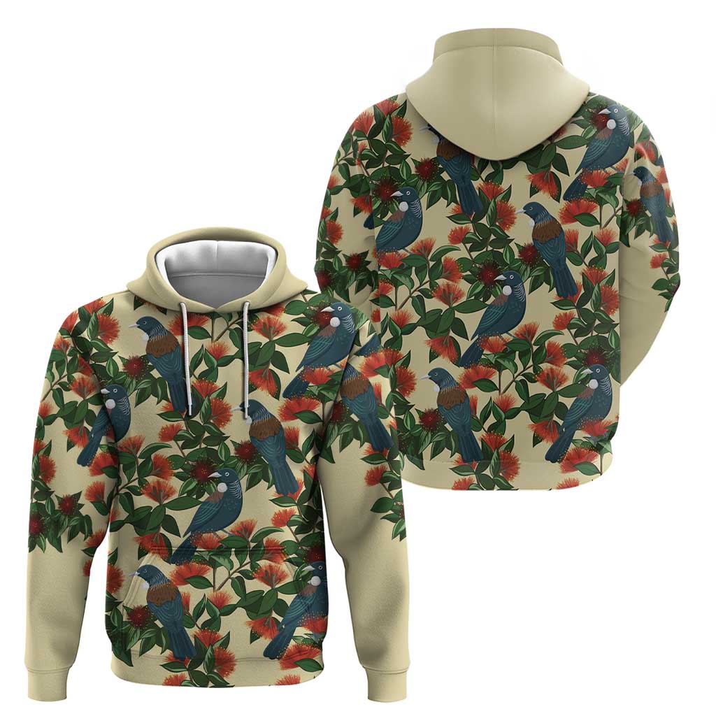 New Zealand Christmas Hoodie Romantic Tui Birds on Pohutukawa - Ivory - Polynesian Pride
