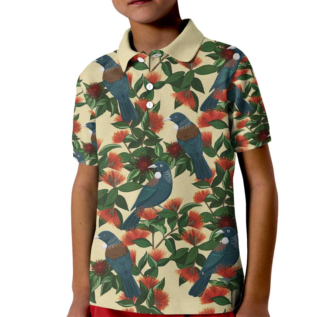 New Zealand Christmas Kid Polo Shirt Romantic Tui Birds on Pohutukawa - Ivory - Polynesian Pride