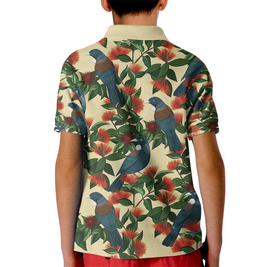 New Zealand Christmas Kid Polo Shirt Romantic Tui Birds on Pohutukawa - Ivory - Polynesian Pride