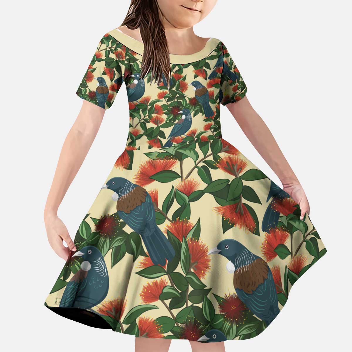 New Zealand Christmas Kid Short Sleeve Dress Romantic Tui Birds on Pohutukawa - Ivory - Polynesian Pride