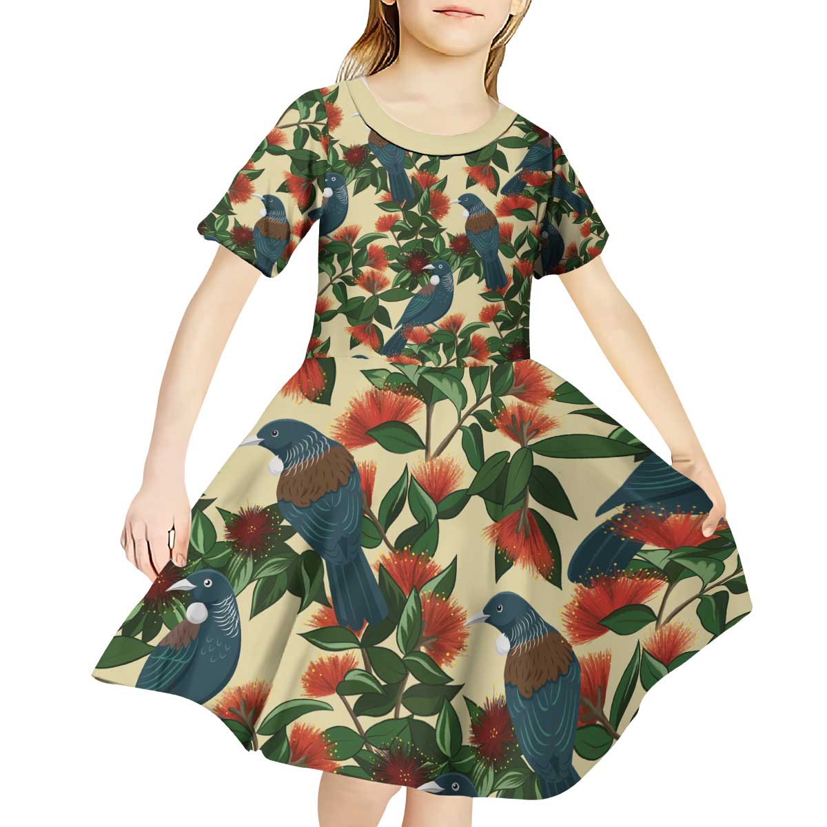 New Zealand Christmas Kid Short Sleeve Dress Romantic Tui Birds on Pohutukawa - Ivory - Polynesian Pride