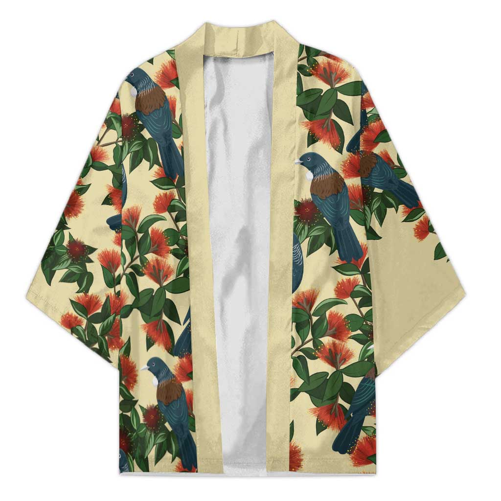 New Zealand Christmas Kimono Romantic Tui Birds on Pohutukawa - Ivory - Polynesian Pride
