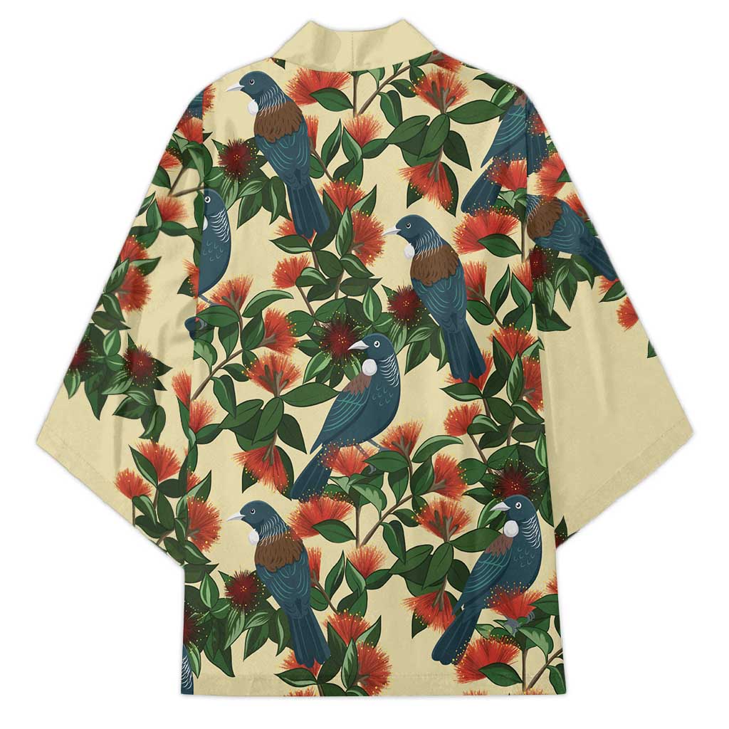 New Zealand Christmas Kimono Romantic Tui Birds on Pohutukawa - Ivory - Polynesian Pride