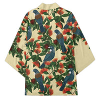 New Zealand Christmas Kimono Romantic Tui Birds on Pohutukawa - Ivory - Polynesian Pride