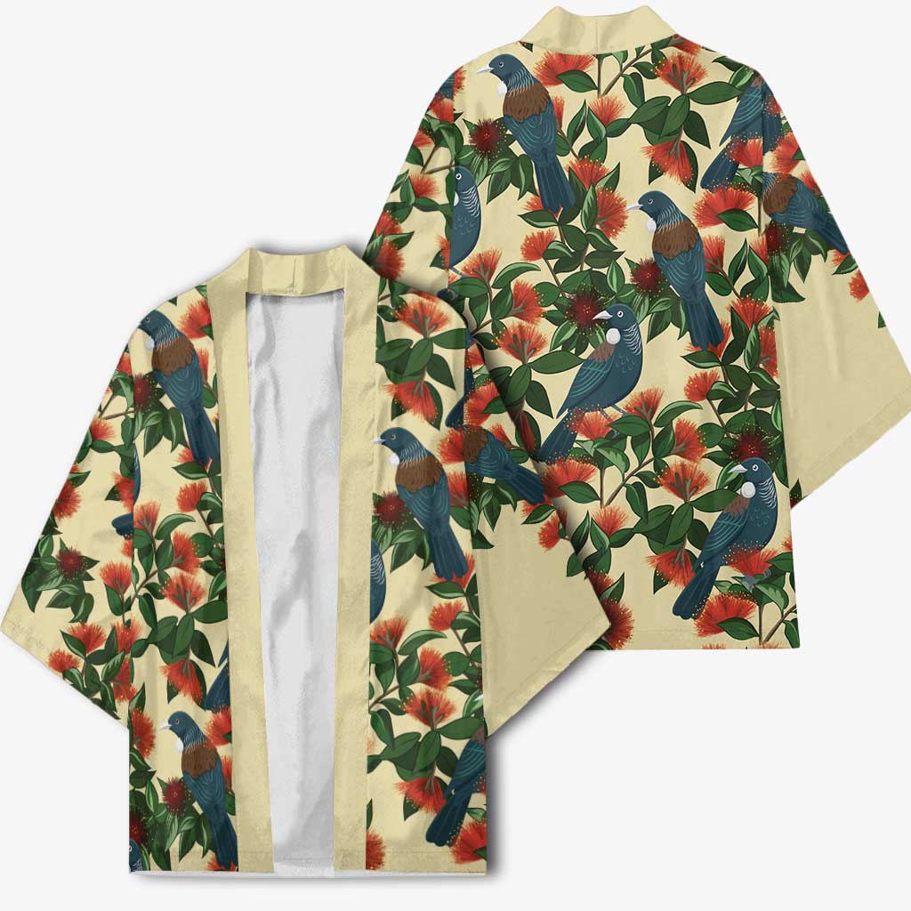 New Zealand Christmas Kimono Romantic Tui Birds on Pohutukawa - Ivory - Polynesian Pride