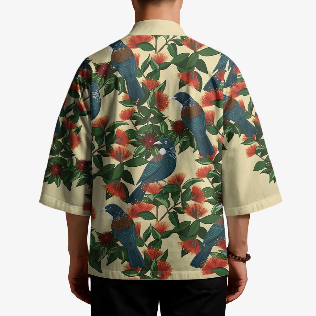 New Zealand Christmas Kimono Romantic Tui Birds on Pohutukawa - Ivory - Polynesian Pride