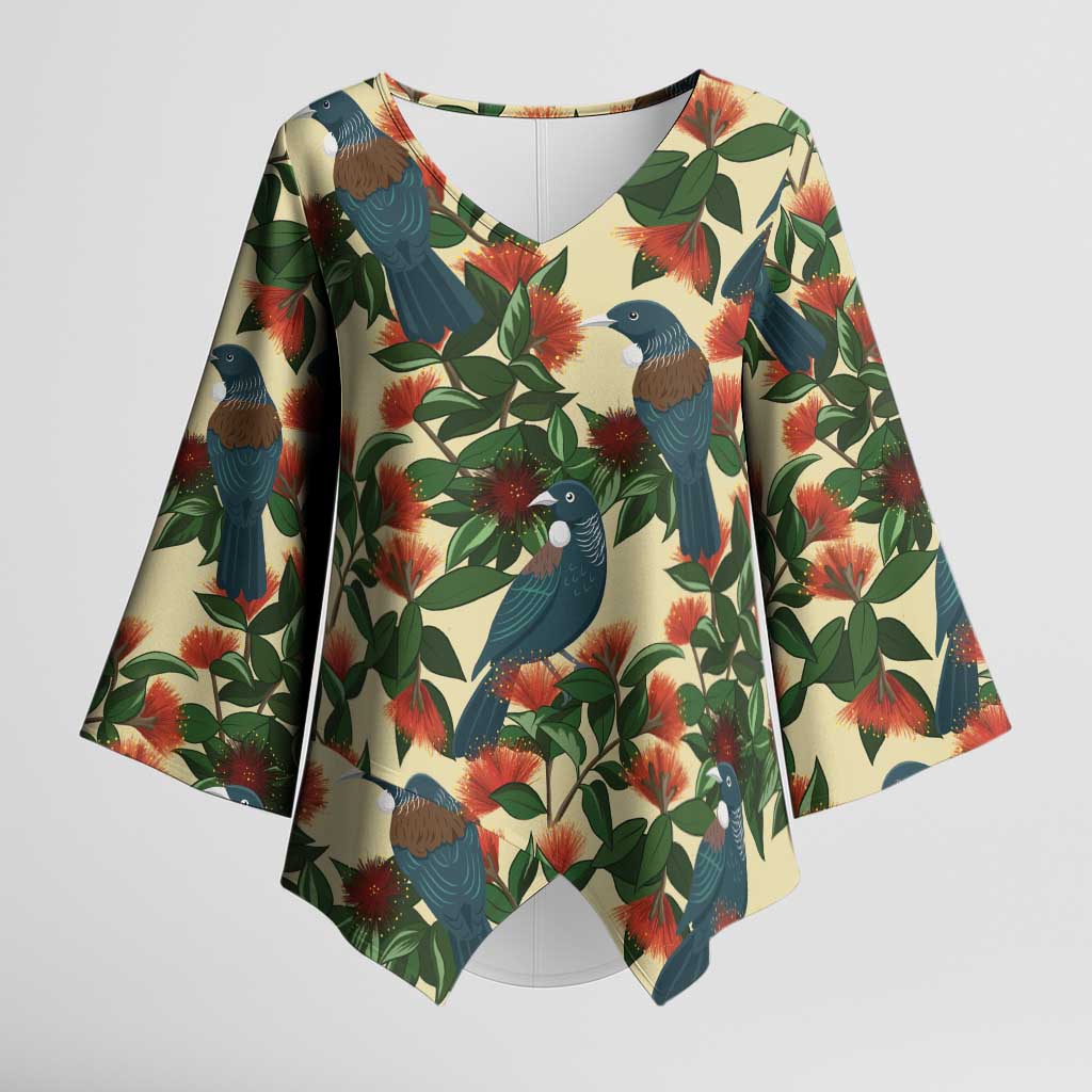 New Zealand Christmas Kimono Sleeve Blouse Romantic Tui Birds on Pohutukawa - Ivory - Polynesian Pride