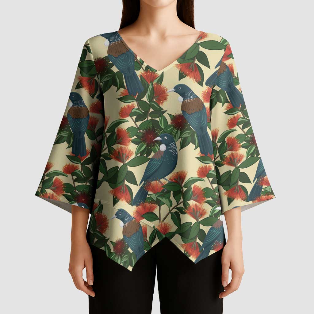 New Zealand Christmas Kimono Sleeve Blouse Romantic Tui Birds on Pohutukawa - Ivory - Polynesian Pride