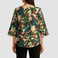 New Zealand Christmas Kimono Sleeve Blouse Romantic Tui Birds on Pohutukawa - Ivory - Polynesian Pride