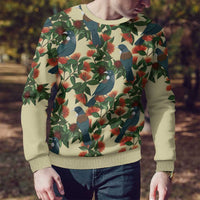 New Zealand Christmas Ugly Christmas Sweater Romantic Tui Birds on Pohutukawa - Ivory - Polynesian Pride