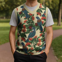 New Zealand Christmas Knitted V-Neck Vest Romantic Tui Birds on Pohutukawa - Ivory - Polynesian Pride
