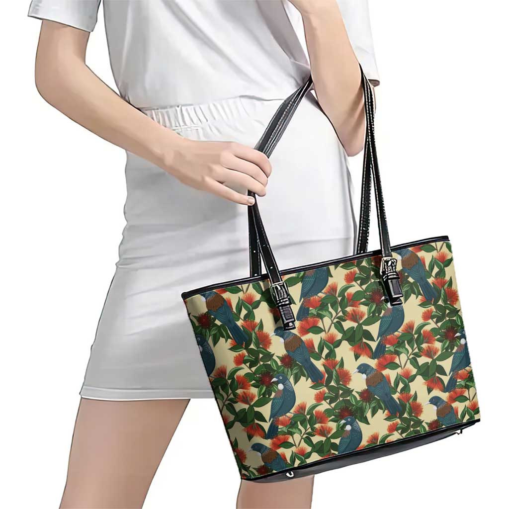 New Zealand Christmas Leather Tote Bag Romantic Tui Birds on Pohutukawa - Ivory - Polynesian Pride